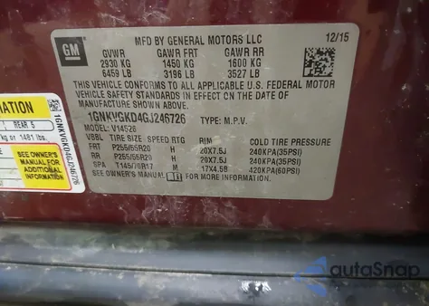 2016 Chevrolet Traverse 1Lt z USA, uszkodzony, nr VIN 1GNKVGKD4GJ246726